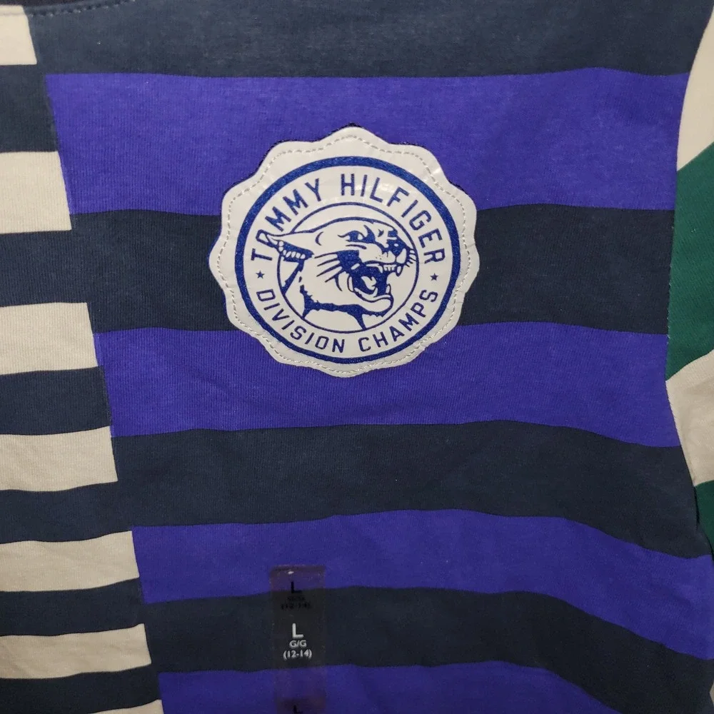 Tommy Hilfiger Graphic T Shirt Blue Green Yellow Stripe Logo‎ Size L 12 14 patch